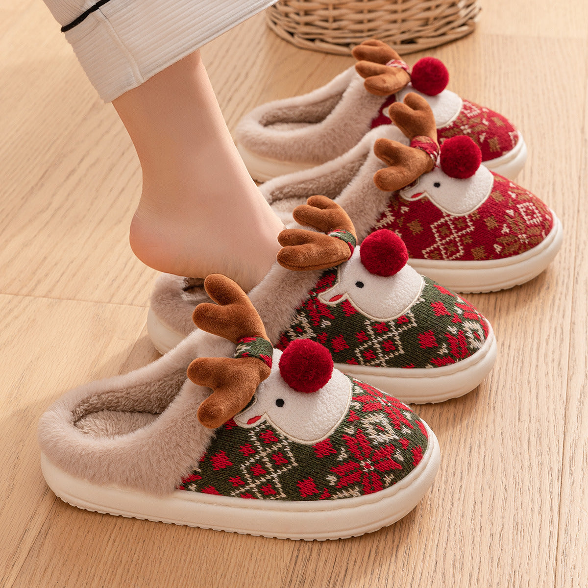 Cute Christmas Elk Plush Slippers Winter Ins Fashion Non-slip