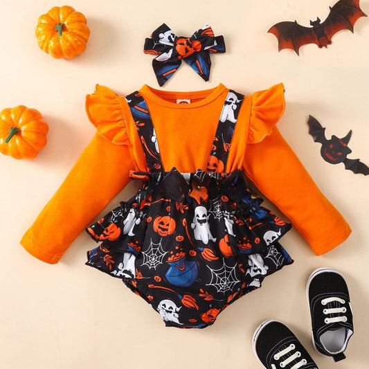 Halloween Flounced Sleeve Fake Two-piece Round Neck Long-sleeved Triangle Romper