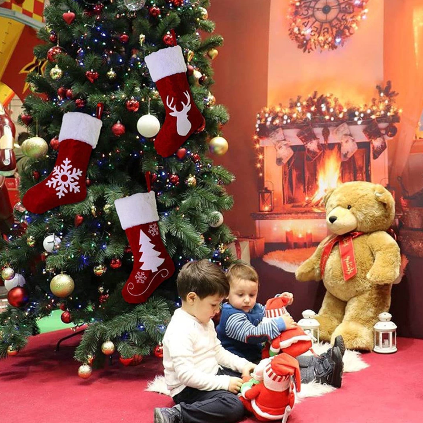 4 Pack 18inch Christmas Stockings Large Xmas Red And White Snowflake