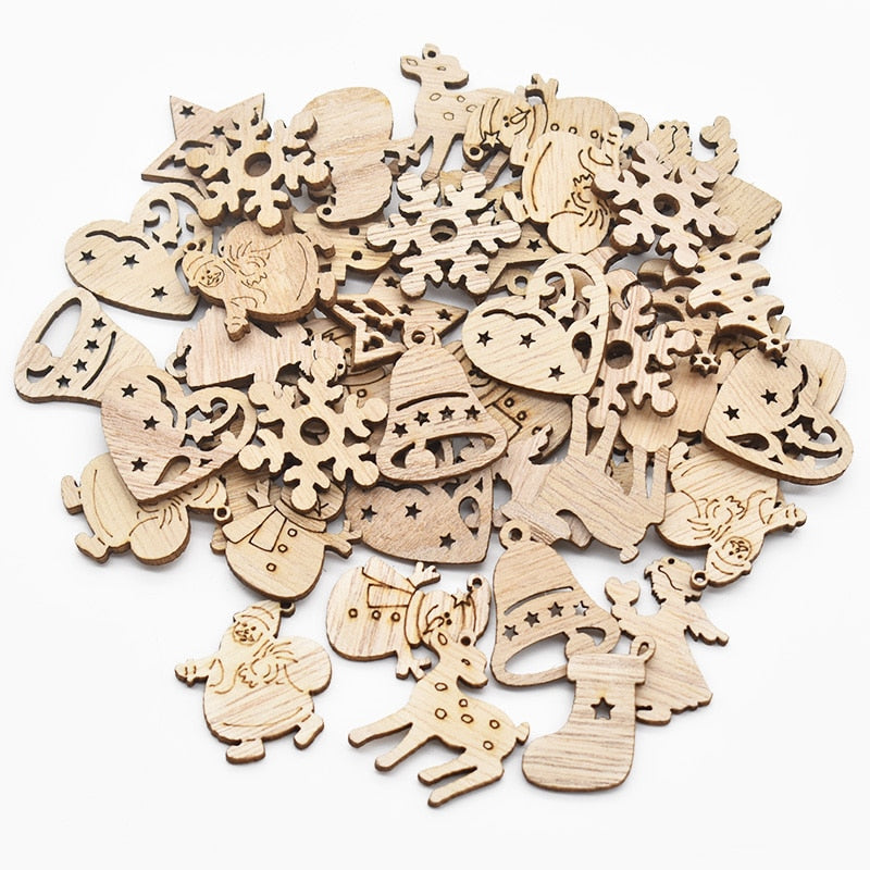 50Pcs Christmas Natural Wooden Chip Santa Claus