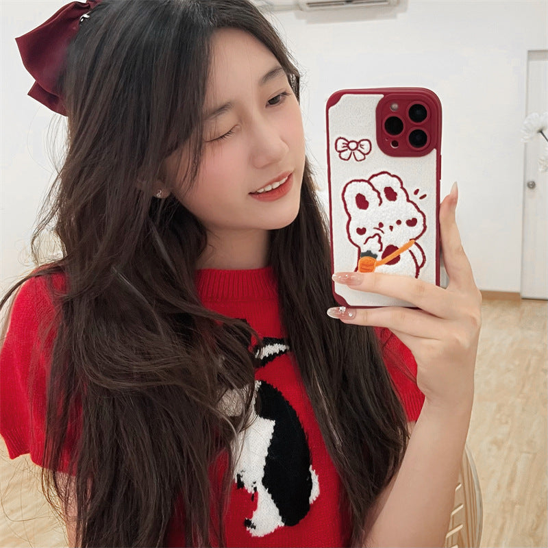 Red Rabbit Embroidered Woolen New Year Mobile Phone Case