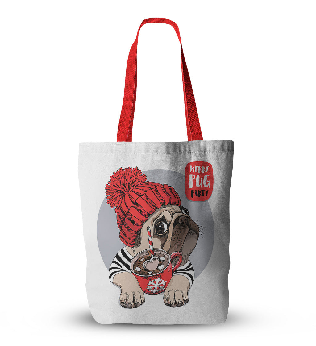 Canvas Christmas Gift Pug Canvas Print Christmas Tote Bag