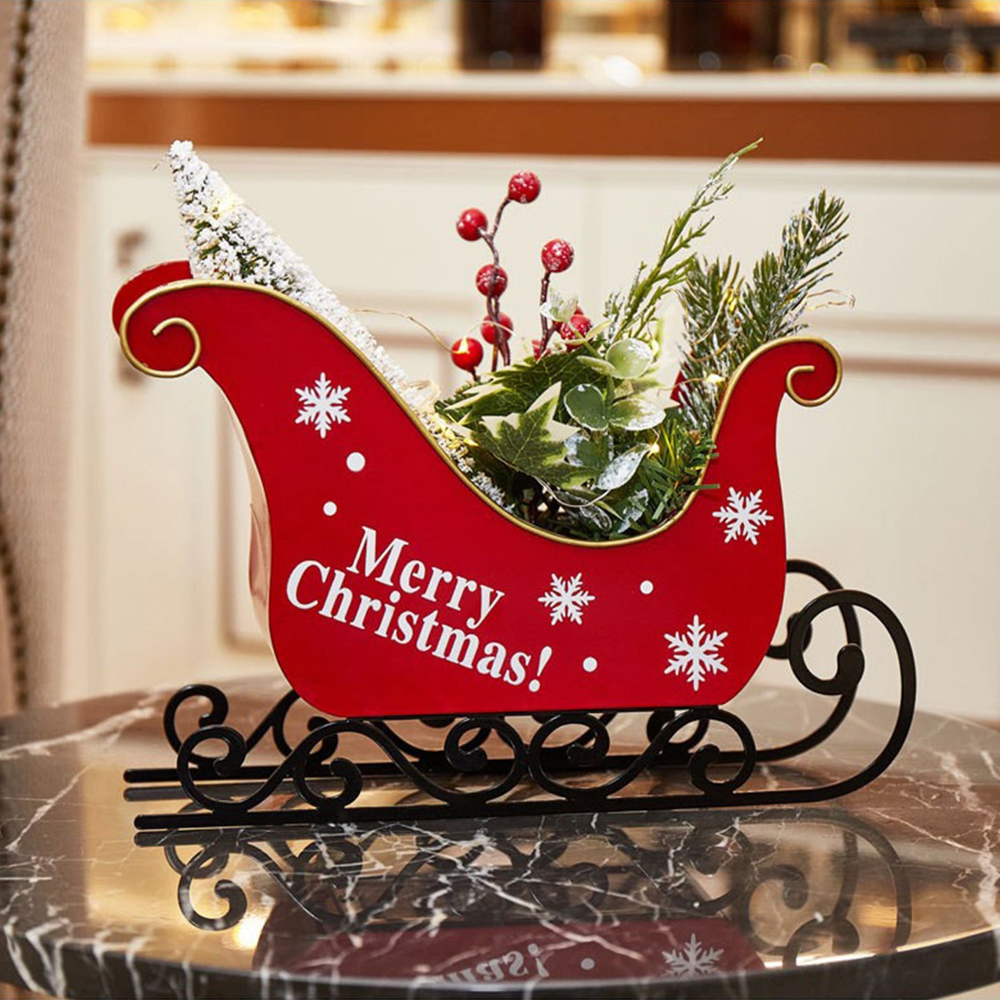 Christmas Decoration Metal Sleigh With Christmas Tree LED Lights