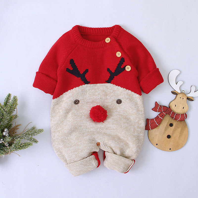 Boys and girls knitted cartoon deer romper Christmas sweater