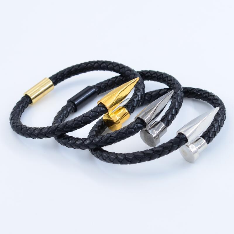 Leather Bracelet for Men Women Nail Design Stainless Steel