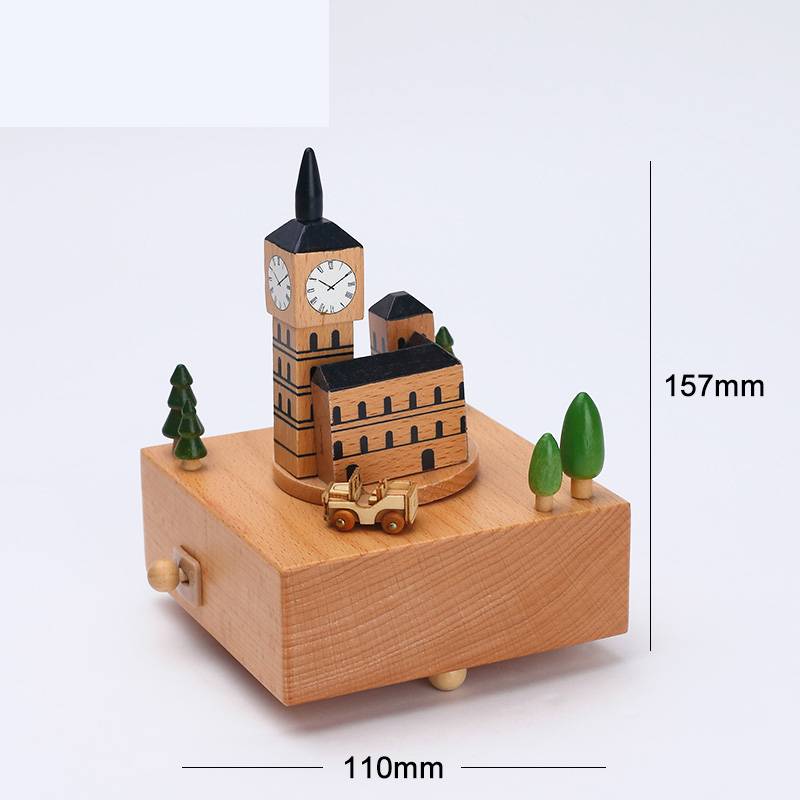 Wooden building model music box birthday gift