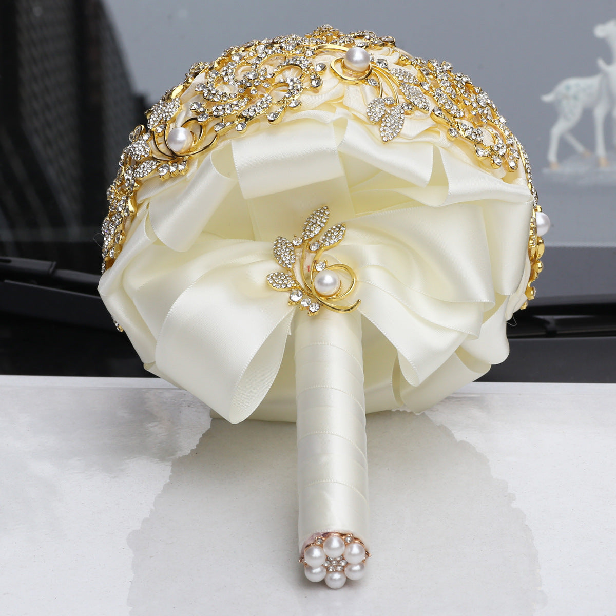 Golden Full Diamond Bridal Bouquet Golden Rhinestones