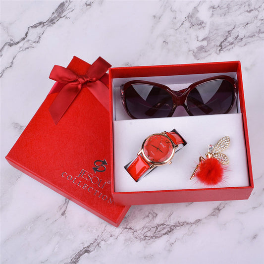Women Watches Leather Quartz Wristwatch Sunglasses Gift