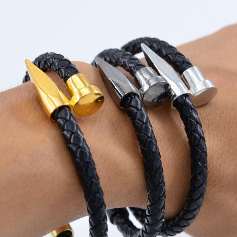 Leather Bracelet for Men Women Nail Design Stainless Steel