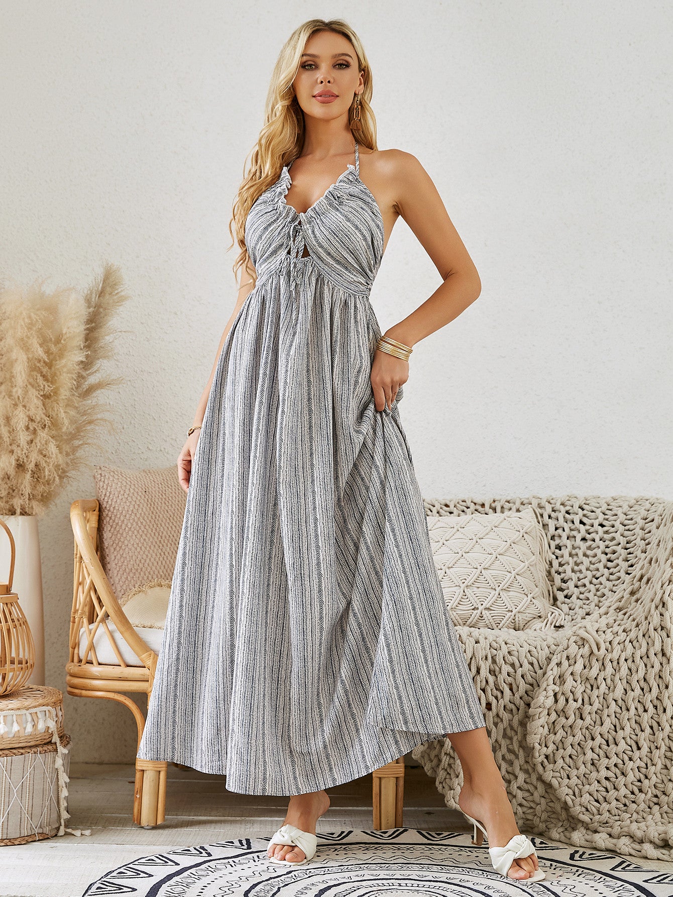 Bohemian Halter Maxi Dress Sleeveless Flowy Beach Dress