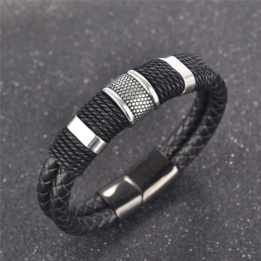 Fashion Black Braid Woven Leather Bracelet Titanium Men Bangle Gift