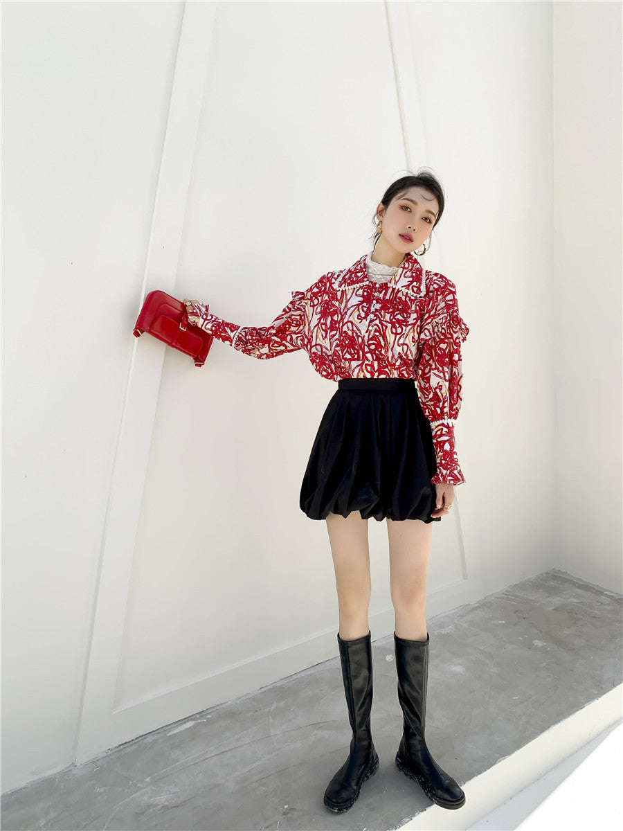 French Retro New Year Red Floral Shirt