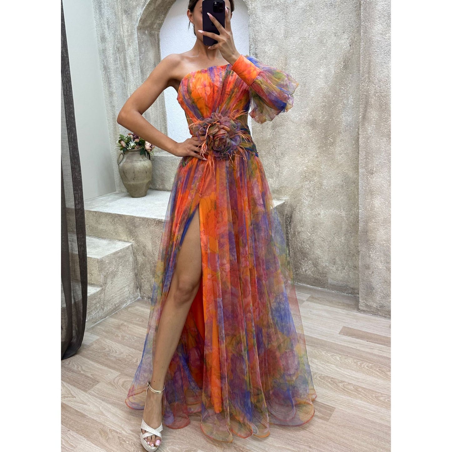 Mesh Tie-dye Printed Off-shoulder Slit Dress Summer Fashion