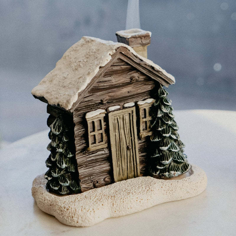 Log Cabin Incense Burner Rustic Christmas Chimney Hut