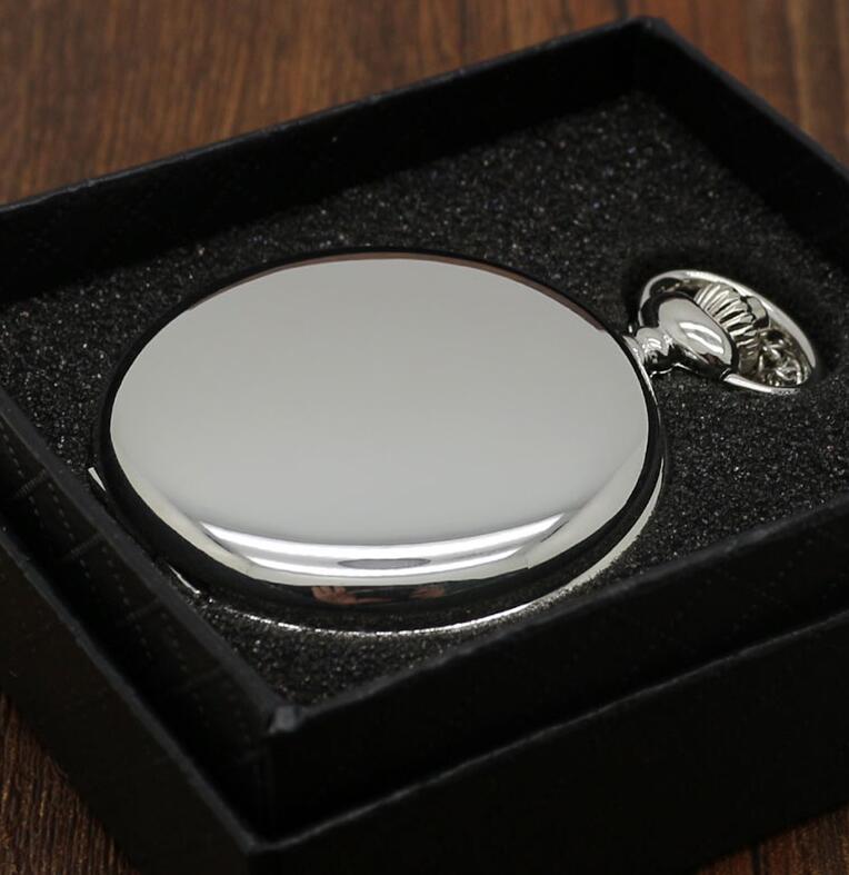 Retro black fashion silver smooth steampunk quartz pocket watch with gift box