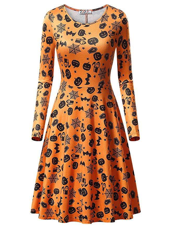 Halloween Pumpkin Print Long Sleeve Dress