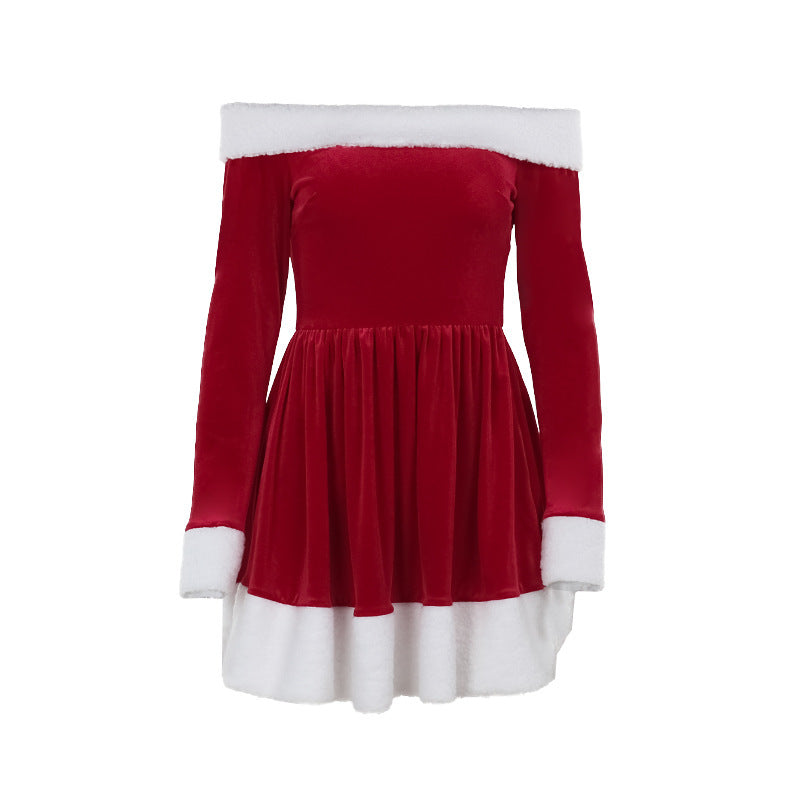 Women's Christmas Costume Santa Dress Plush Trim Boat-Neck