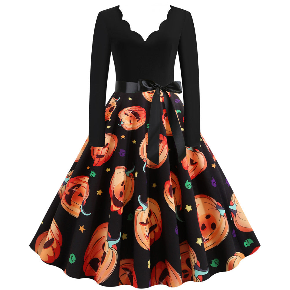 Halloween Burnt Flower V-neck Long-sleeved Sexy Print Big Swing Dress