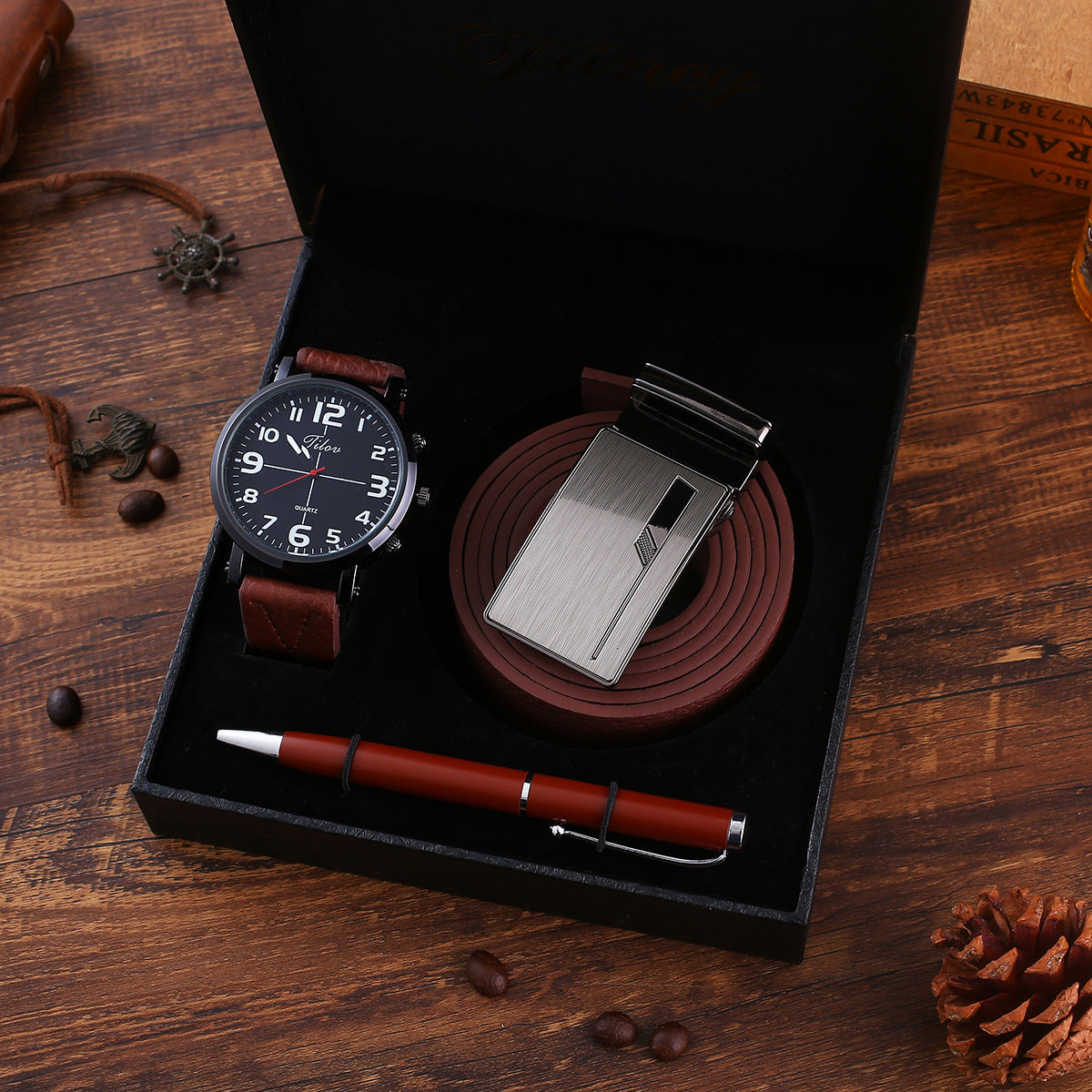 Boutique Gift Set Belt And Large Dial Quartz Watch And Pen