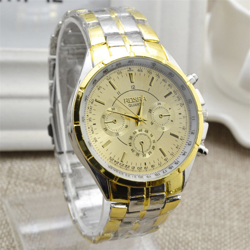 Fashion men's steel belt large dial quartz watch three-eye six-pin gift watch