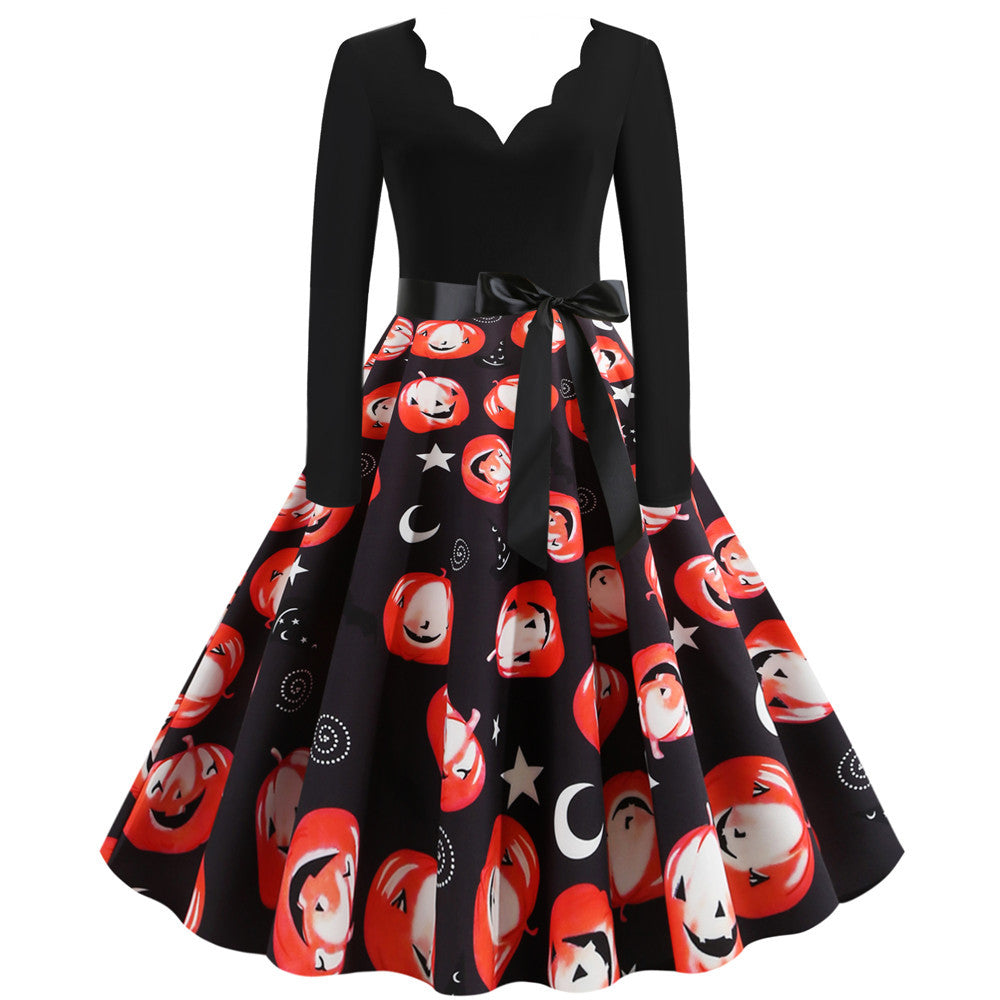 Halloween Burnt Flower V-neck Long-sleeved Sexy Print Big Swing Dress