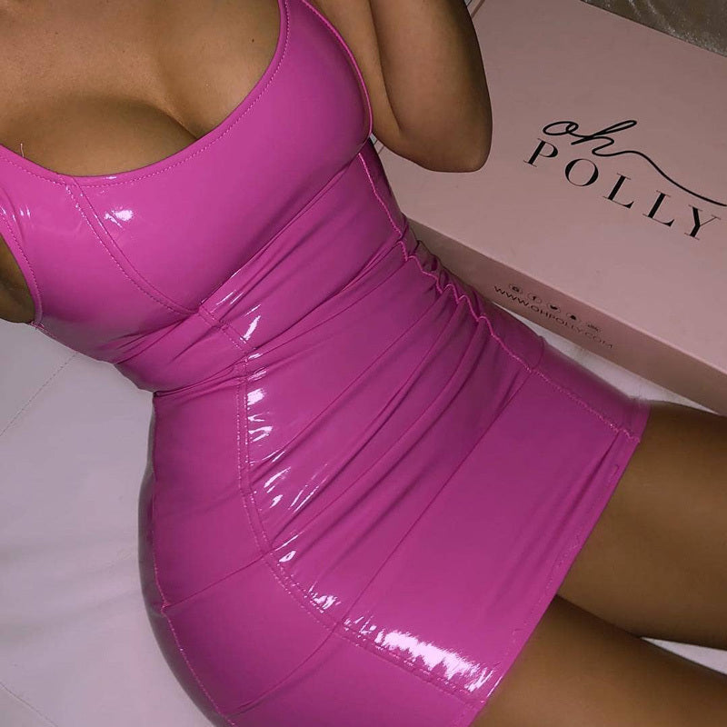 Solid Color Sling Dress Female Sexy Tight Leather Dresses