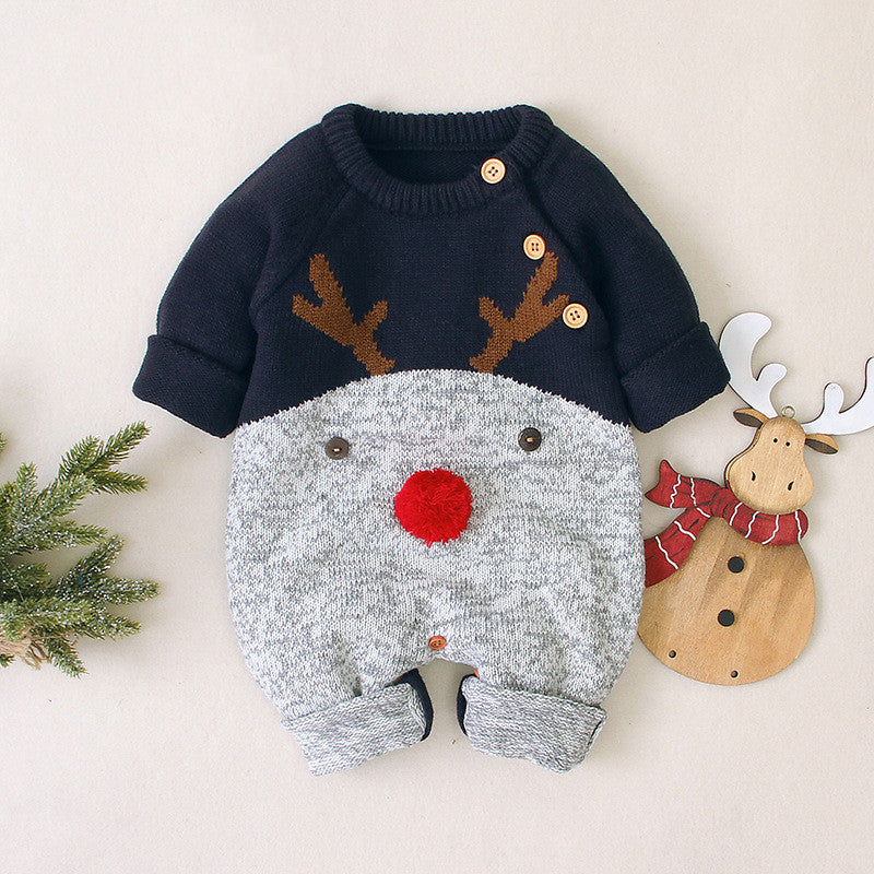 Boys and girls knitted cartoon deer romper Christmas sweater