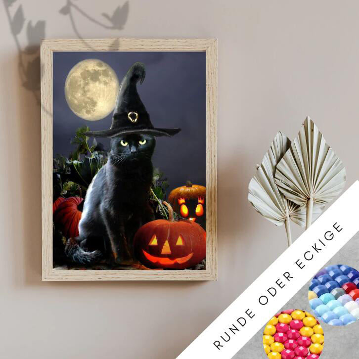 Halloween Cat In Pumpkin House Diamond Painting