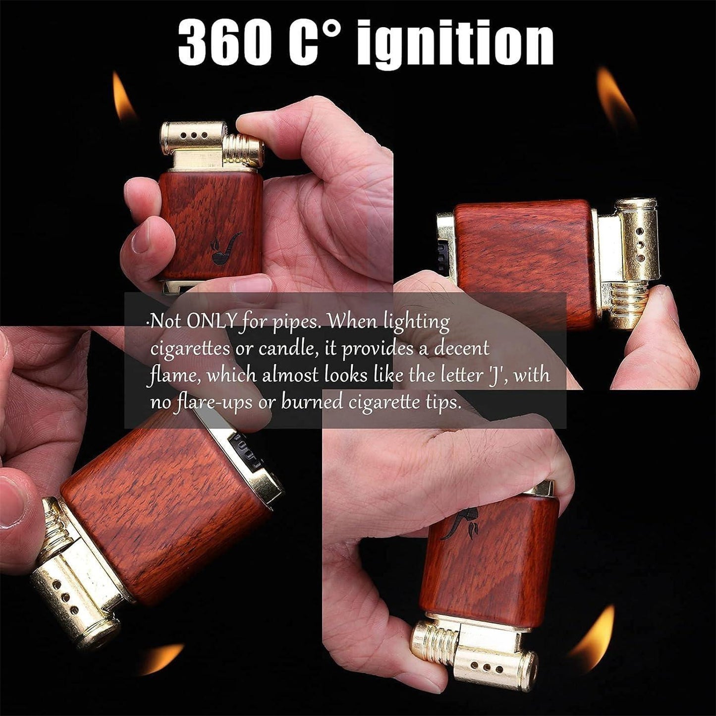 Pipe Lighter Soft Flame Refillable Gas Wooden Case Fire