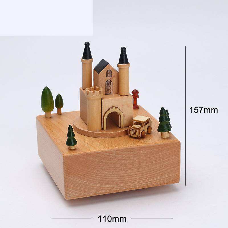 Wooden building model music box birthday gift