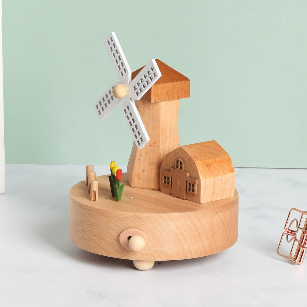 Wooden building model music box birthday gift