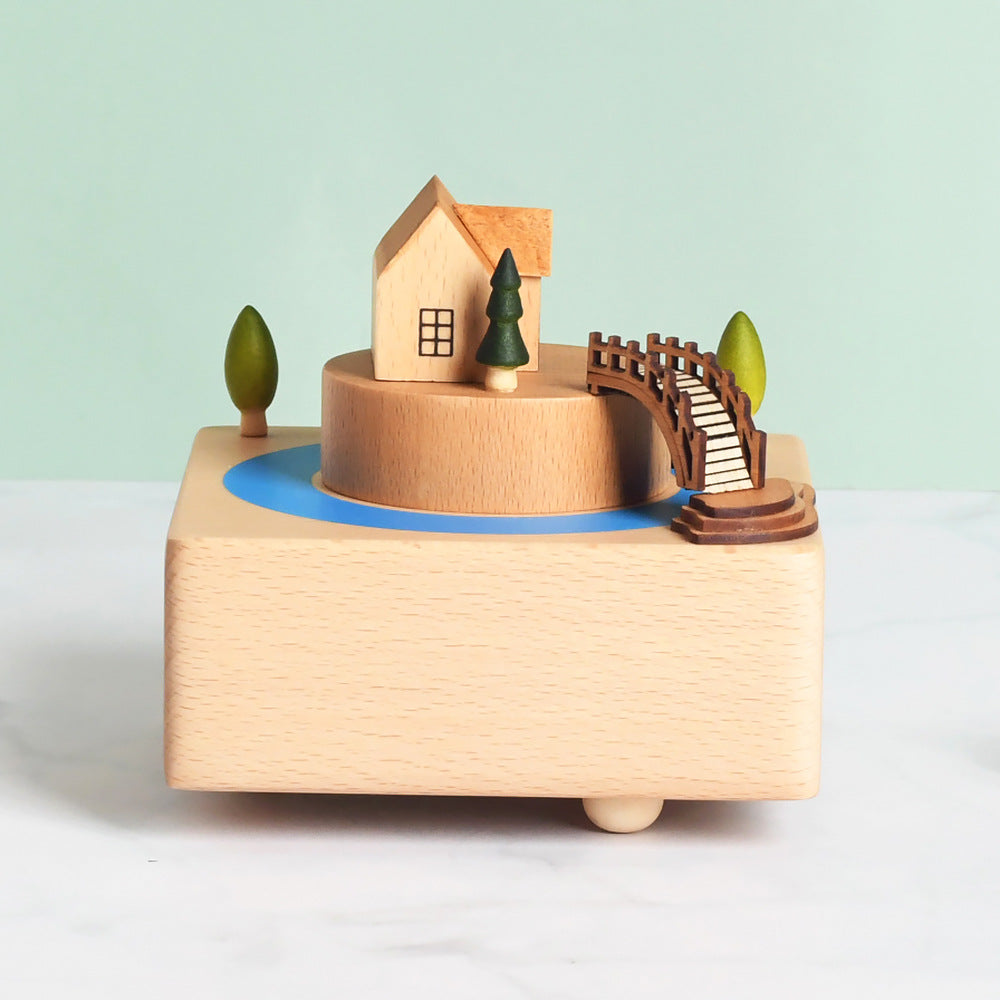 Wooden building model music box birthday gift