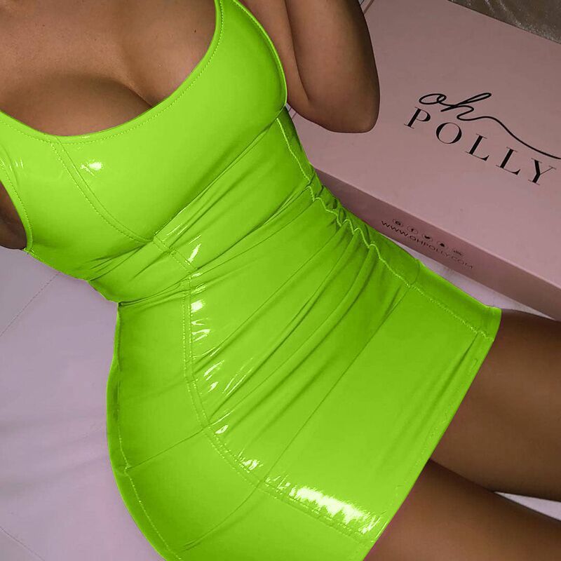 Solid Color Sling Dress Female Sexy Tight Leather Dresses