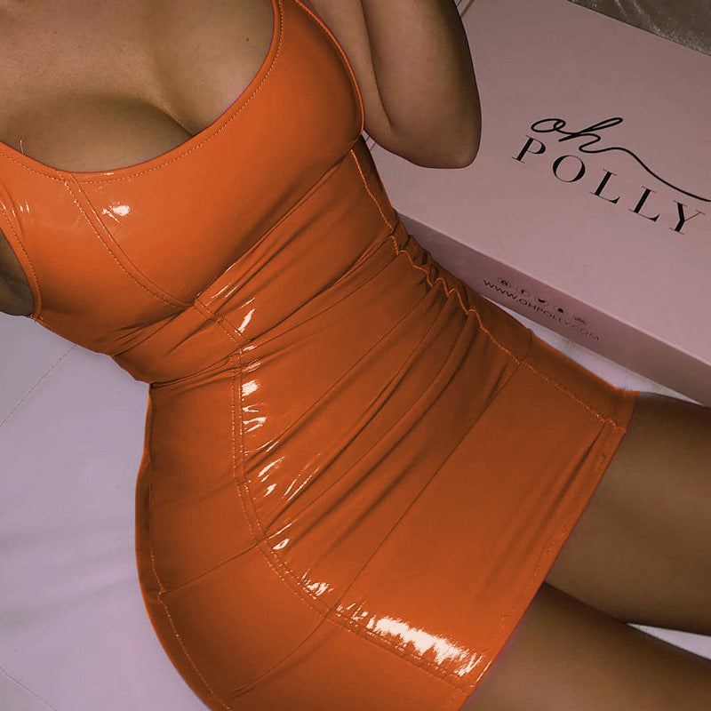 Solid Color Sling Dress Female Sexy Tight Leather Dresses