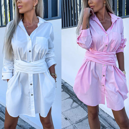 Multi-Color Rolled Sleeves Shirt Dress Women