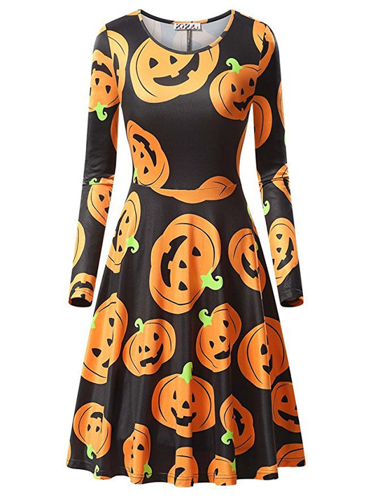 Halloween Pumpkin Print Long Sleeve Dress