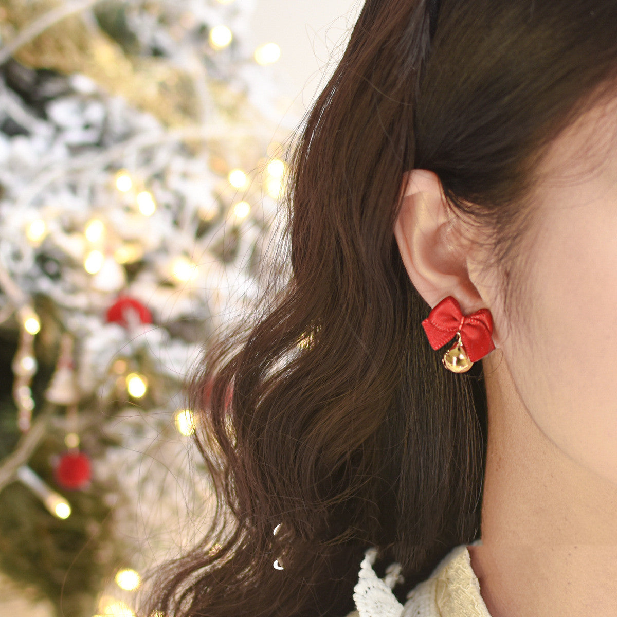 New Year Red Bow Bells Earrings Ear Clips Christmas