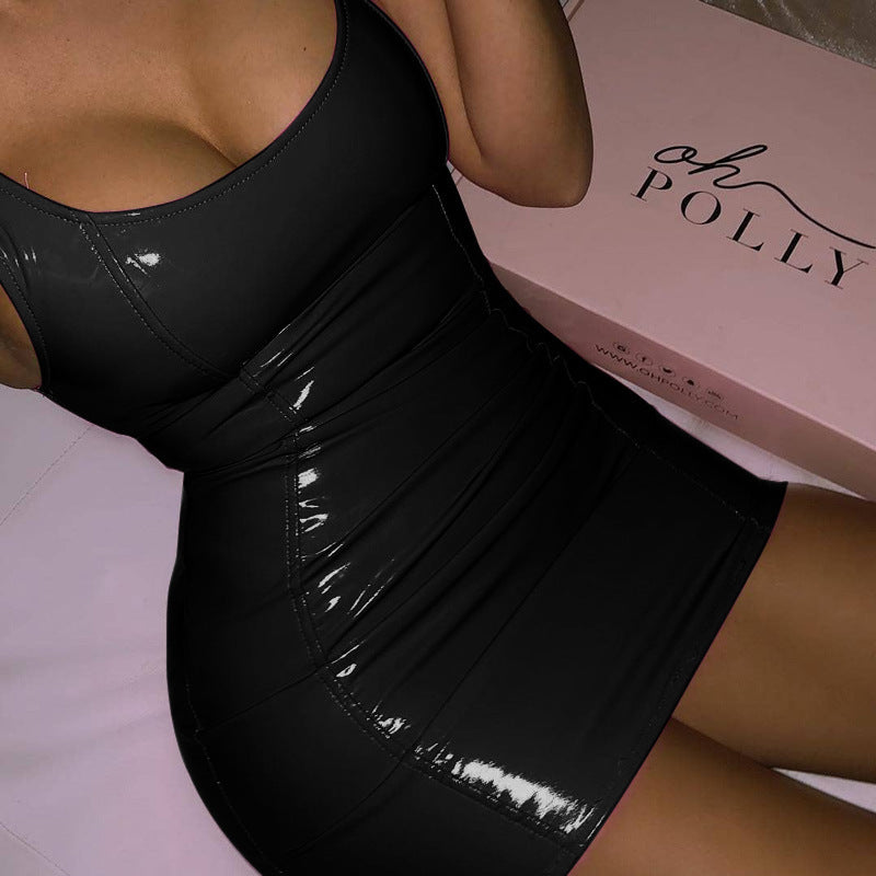 Solid Color Sling Dress Female Sexy Tight Leather Dresses