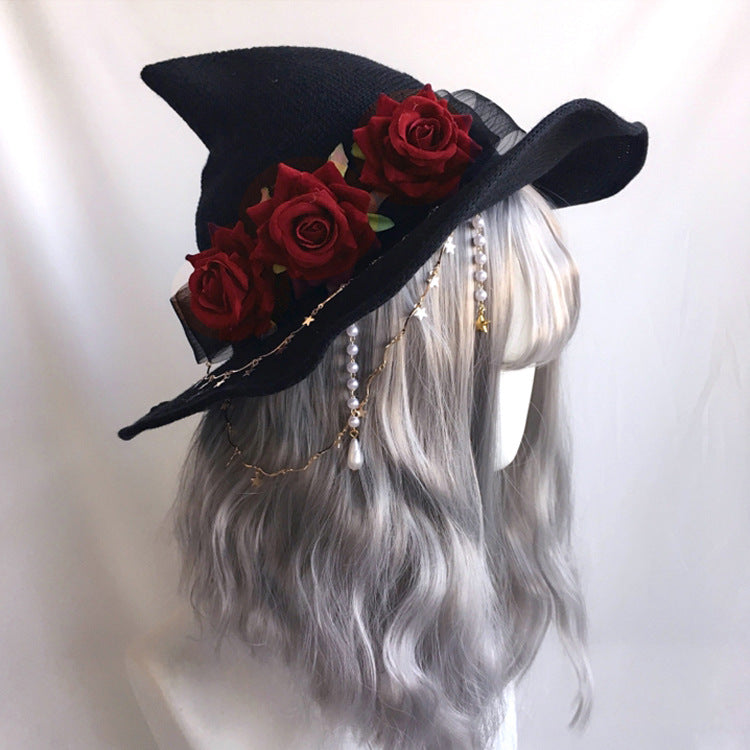 Lolita Velvet Witch Hat Halloween Wide Brim Rose Witch Hat