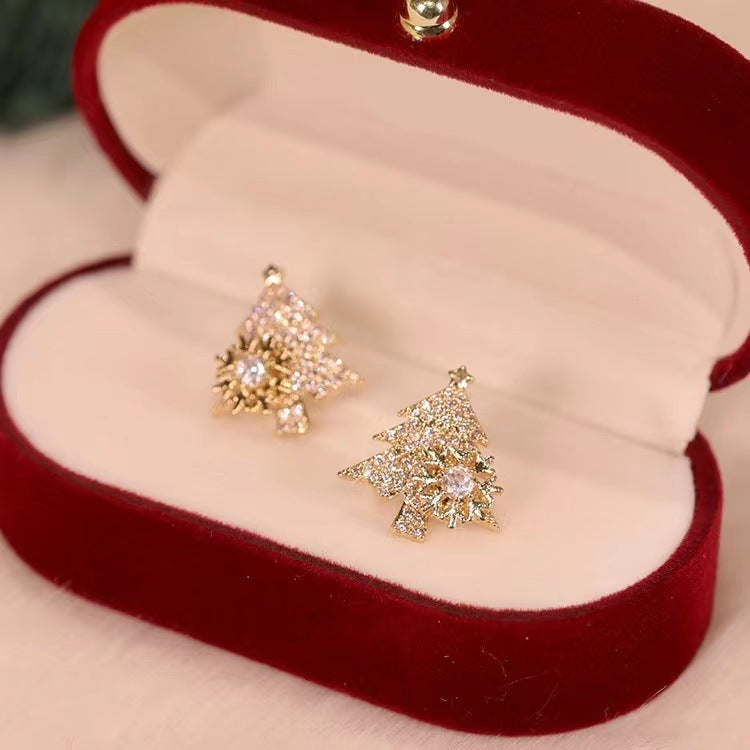 Rotatable Christmas Tree Earrings Shiny Rhinestone Snowflake