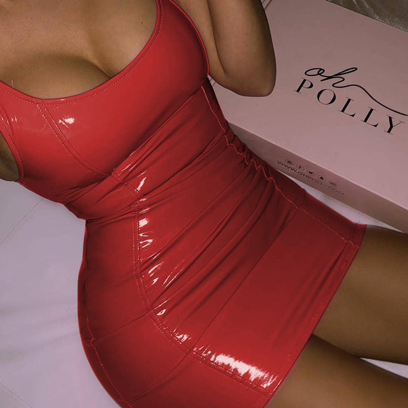 Solid Color Sling Dress Female Sexy Tight Leather Dresses