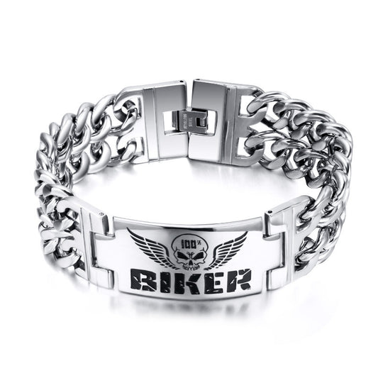 Biker Bracelets Men Jewelry Stainless Steel Skull Double Chain Charm Gift
