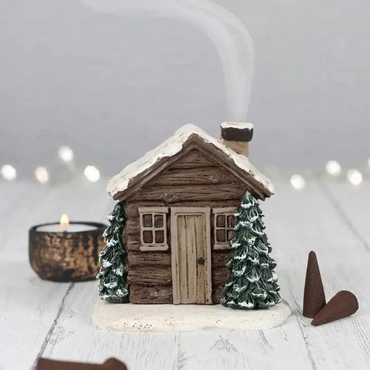 Log Cabin Incense Burner Rustic Christmas Chimney Hut