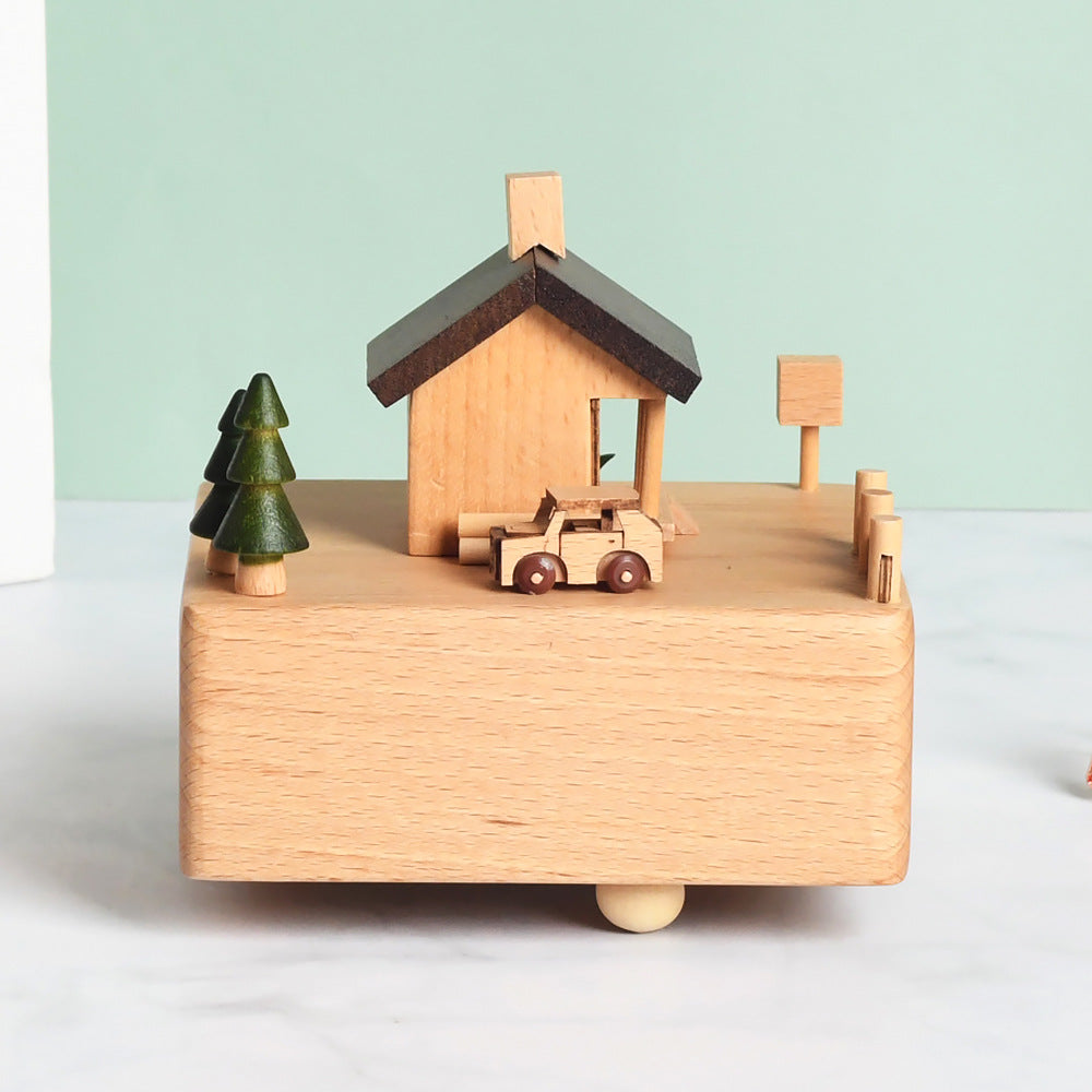 Wooden building model music box birthday gift