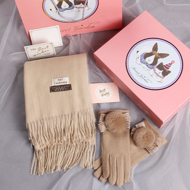 Autumn And Winter Scarf Gloves Women Two-Piece Gift Box All-Match Shawl Bib