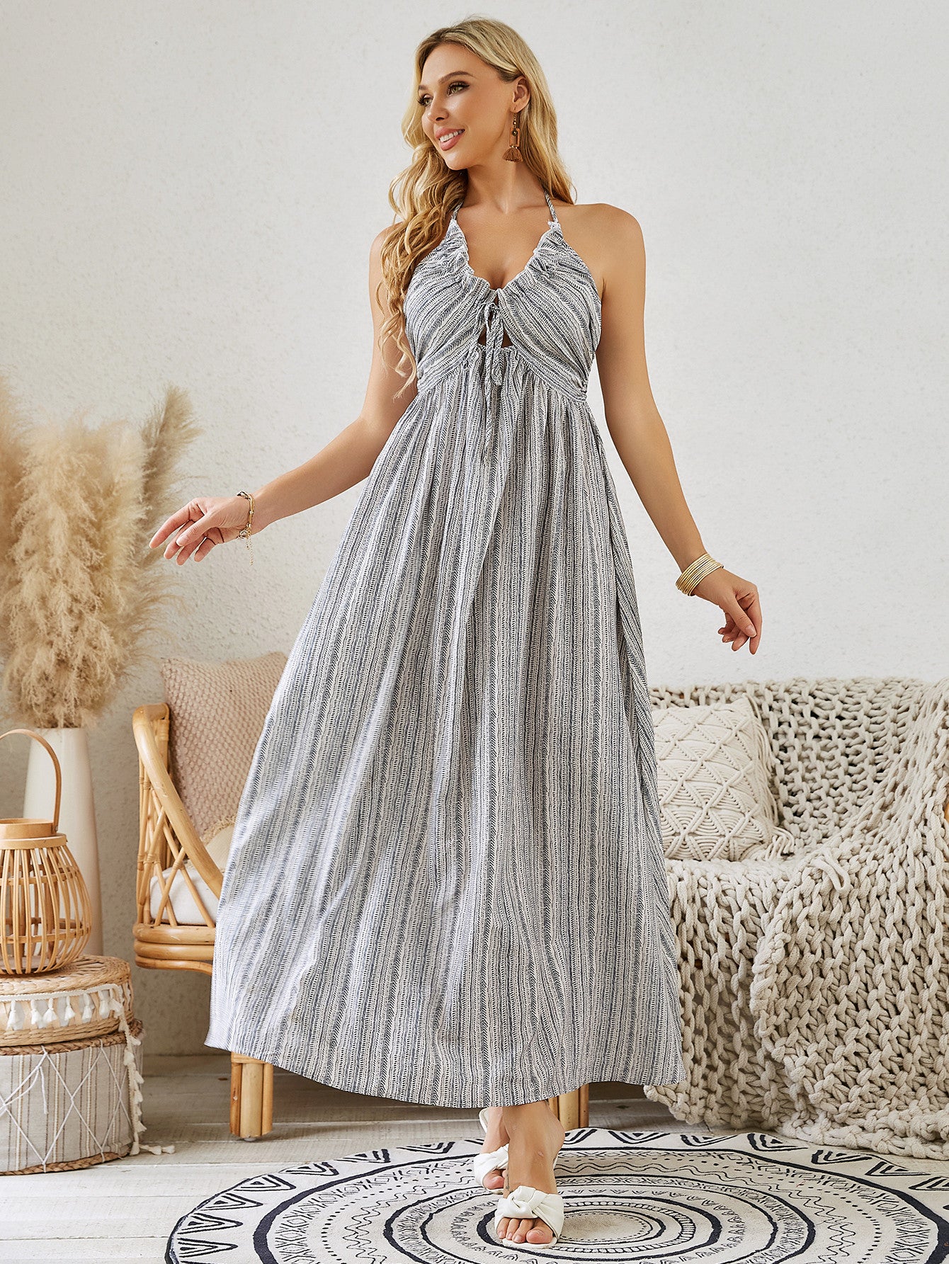 Bohemian Halter Maxi Dress Sleeveless Flowy Beach Dress