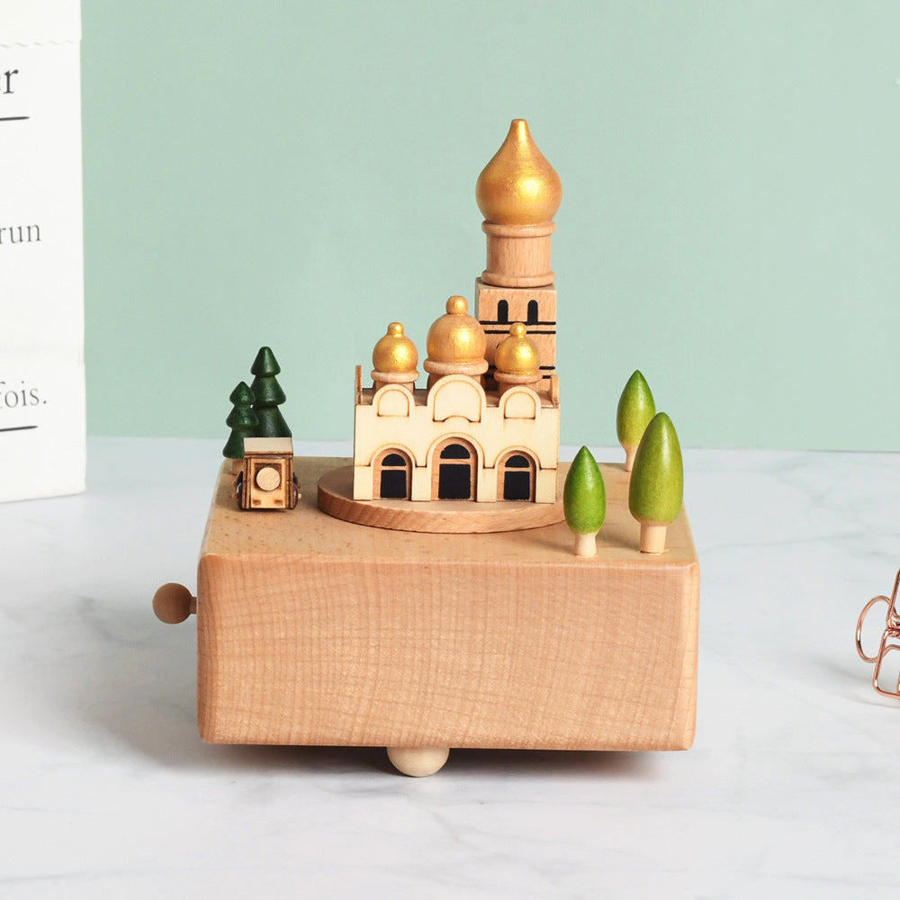 Wooden building model music box birthday gift