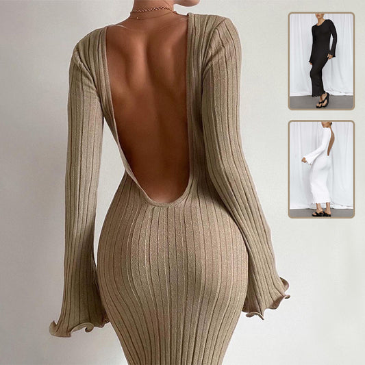 Fashion Slim Long-sleeved Ruffled Long Dress Sexy Hip-wrapped