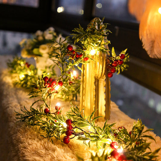 Christmas Decoration Red Fruit Light Needles Leaf Garland