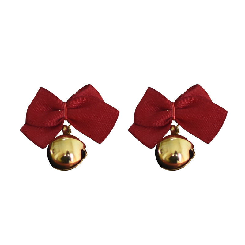 New Year Red Bow Bells Earrings Ear Clips Christmas
